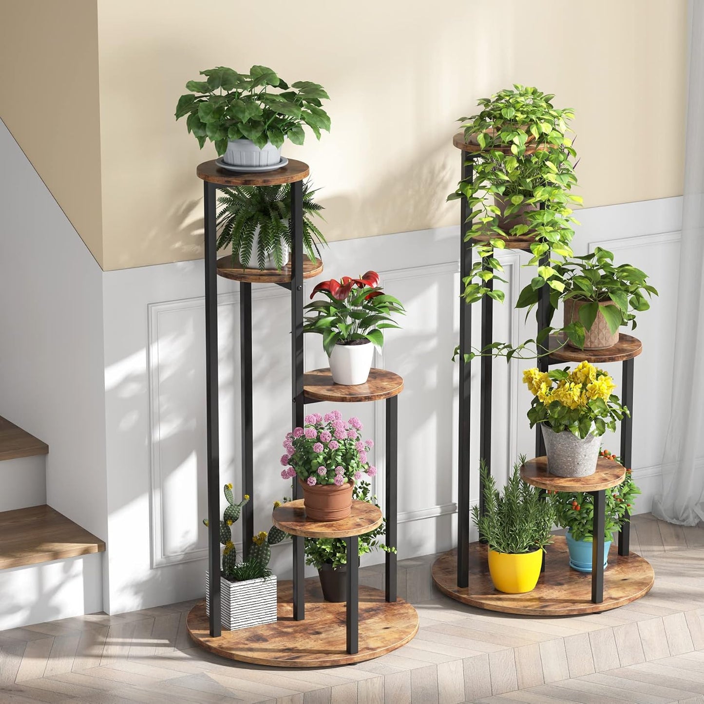 Blumenständer, 5 Etagen, Pflanzenständer hoch, 50 x 50 x 104 cm, Pflanzenregal Indoor, Blumenregal metall, für Terrasse, Braun Schwarz, Tribesigns, 11