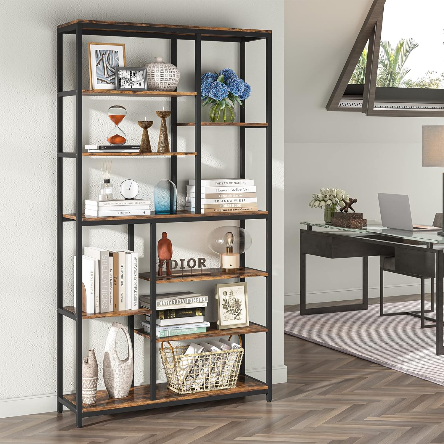 Bücherregal, Standregal, mit 8 Ebenen, 9 Ablagen, Bücher regal, Metallregal Offenes, für Büro, Rustikales Braun, Tribesigns, 6