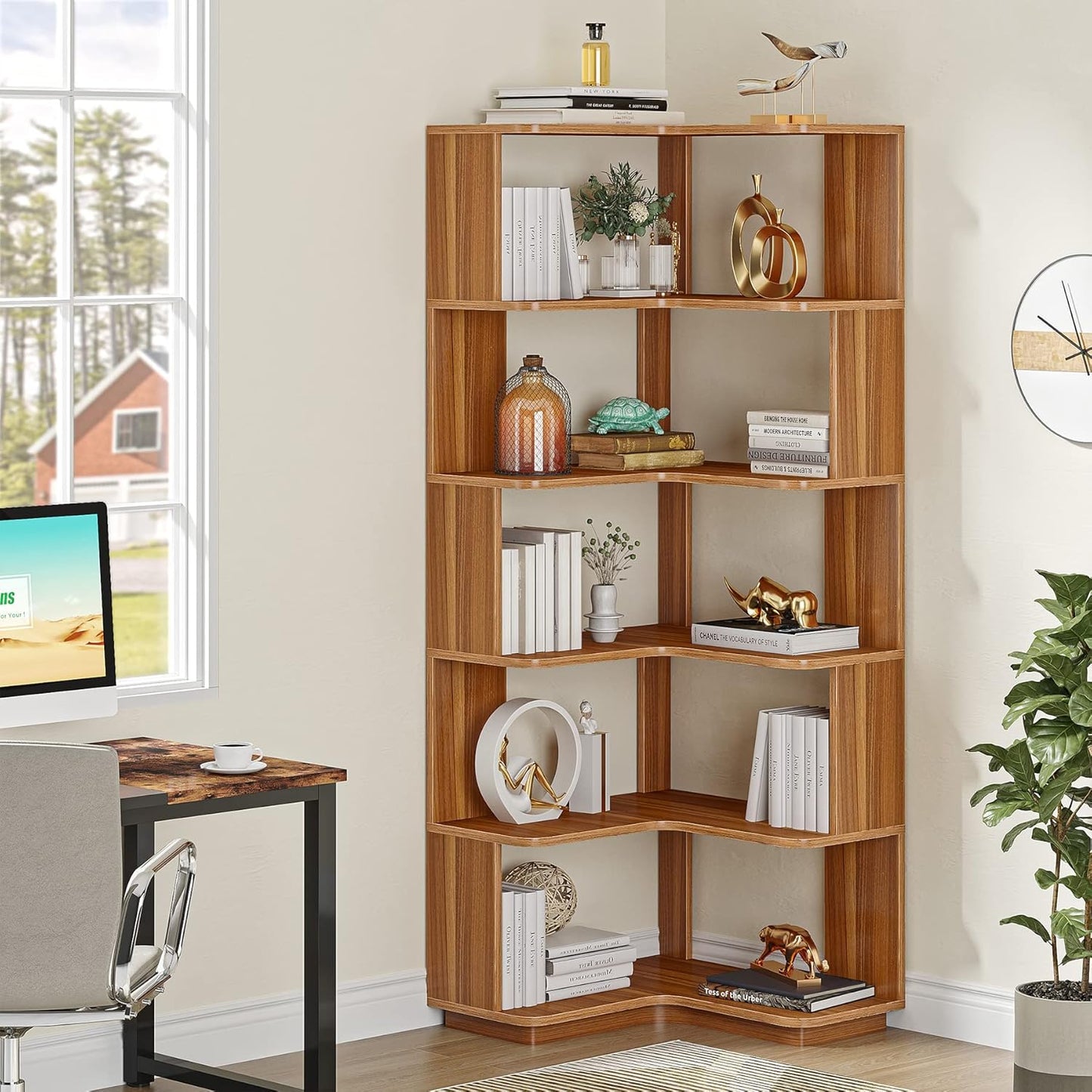 Eck Bücherregal, 6 Etagen, 60 x 60 x 166 cm, Eckregal mit Holzmaserung, Bücherregal, Aufbewahrungsregal für Heimbüro, Wohnzimmer, Tribesigns, 10