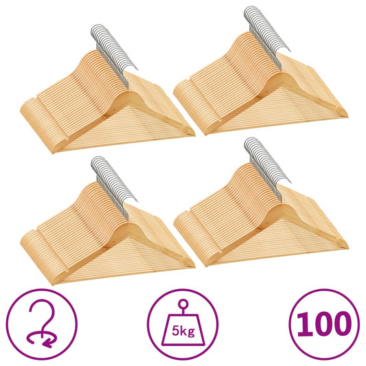 Kleiderbügel Holz, Set 100 Stk. Hosen Kleiderbügel, mit Hosenstange, Kleiderbügel, Rutschfest, drehbarer Haken, Natürliche farbe, Hartholz, vidaXL, 1