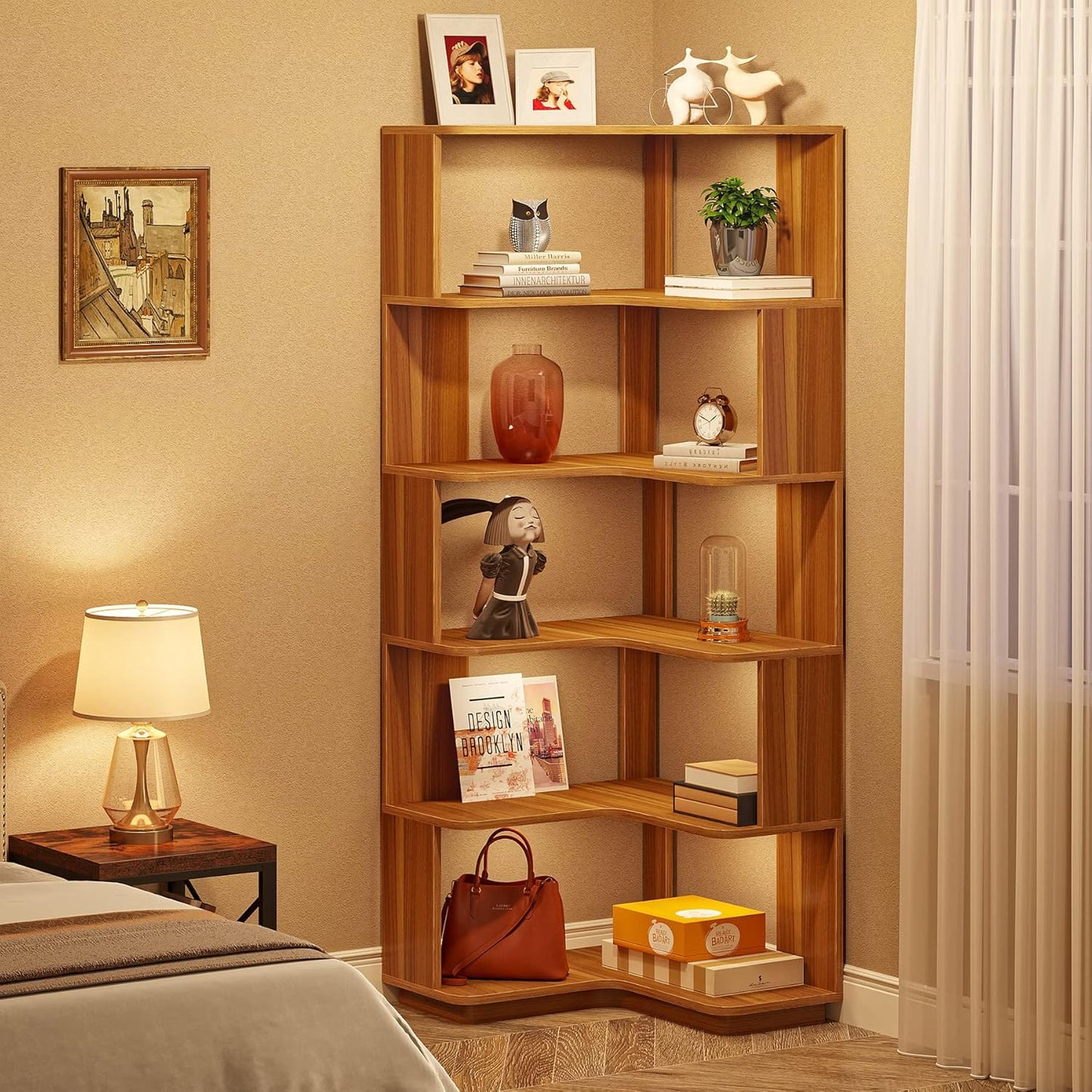 Eck Bücherregal, 6 Etagen, 60 x 60 x 166 cm, Eckregal mit Holzmaserung, Bücherregal, Aufbewahrungsregal für Heimbüro, Wohnzimmer, Tribesigns, 6