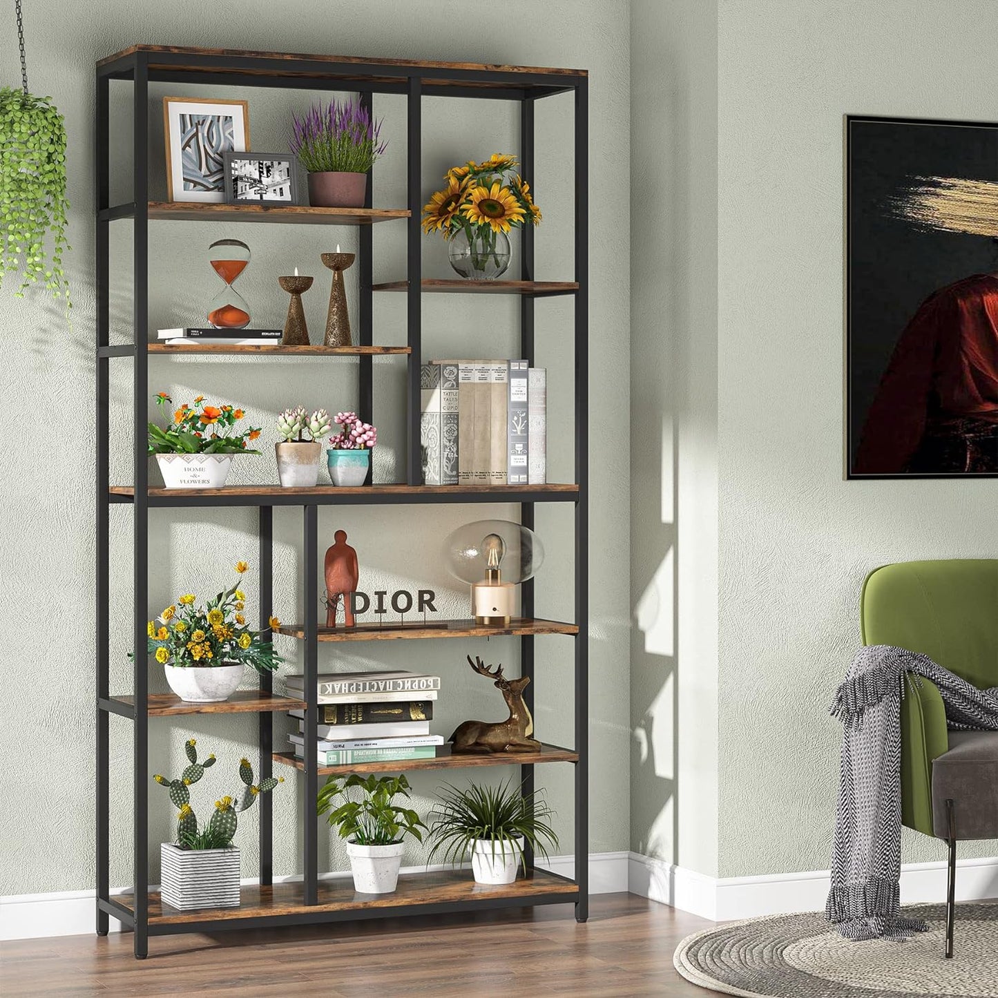 Bücherregal, Standregal, mit 8 Ebenen, 9 Ablagen, Bücher regal, Metallregal Offenes, für Büro, Rustikales Braun, Tribesigns, 3