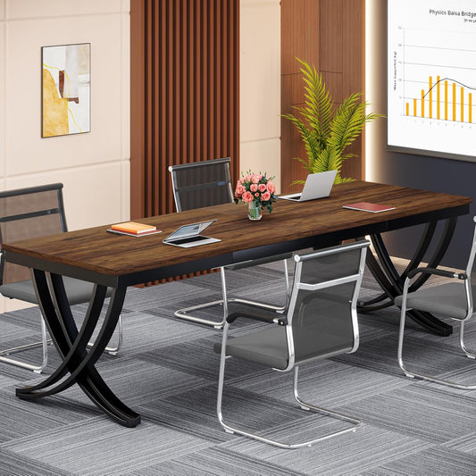 Schreibtisch, 200 x 70 x 75 cm, Konferenztisch, für 6–8 Personen, Bürotisch, für Meeting, mit starkem Metallrahmen, Braun, Tribesigns, 8