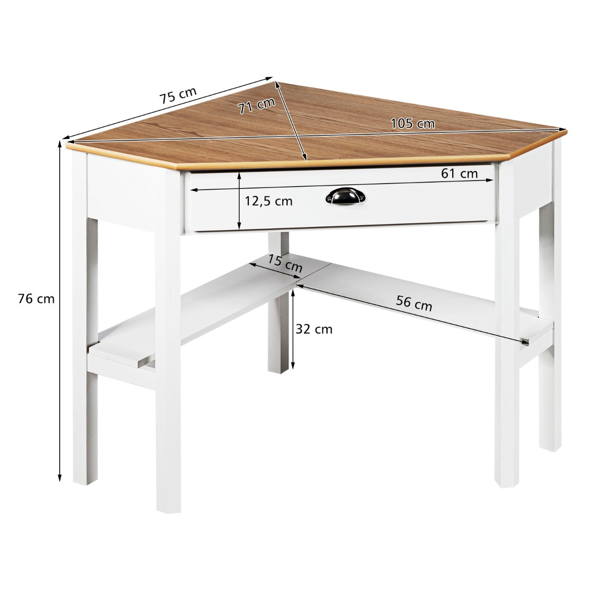 Costway - Eckschreibtisch aus Holz Kompakter Schreibtisch mit Schublade & Regalen 75 x 75 x 76 cm Natur + Weiß