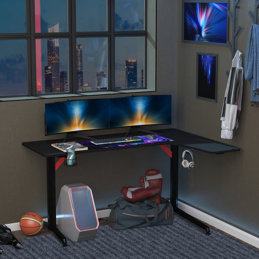 HOMCOM - Gaming Tisch PC Tisch Schreibtisch mit Kopfhörerhaken & Getränkehalter, Metall MDF, Schwarz+Rot, 157x111,8x74cm