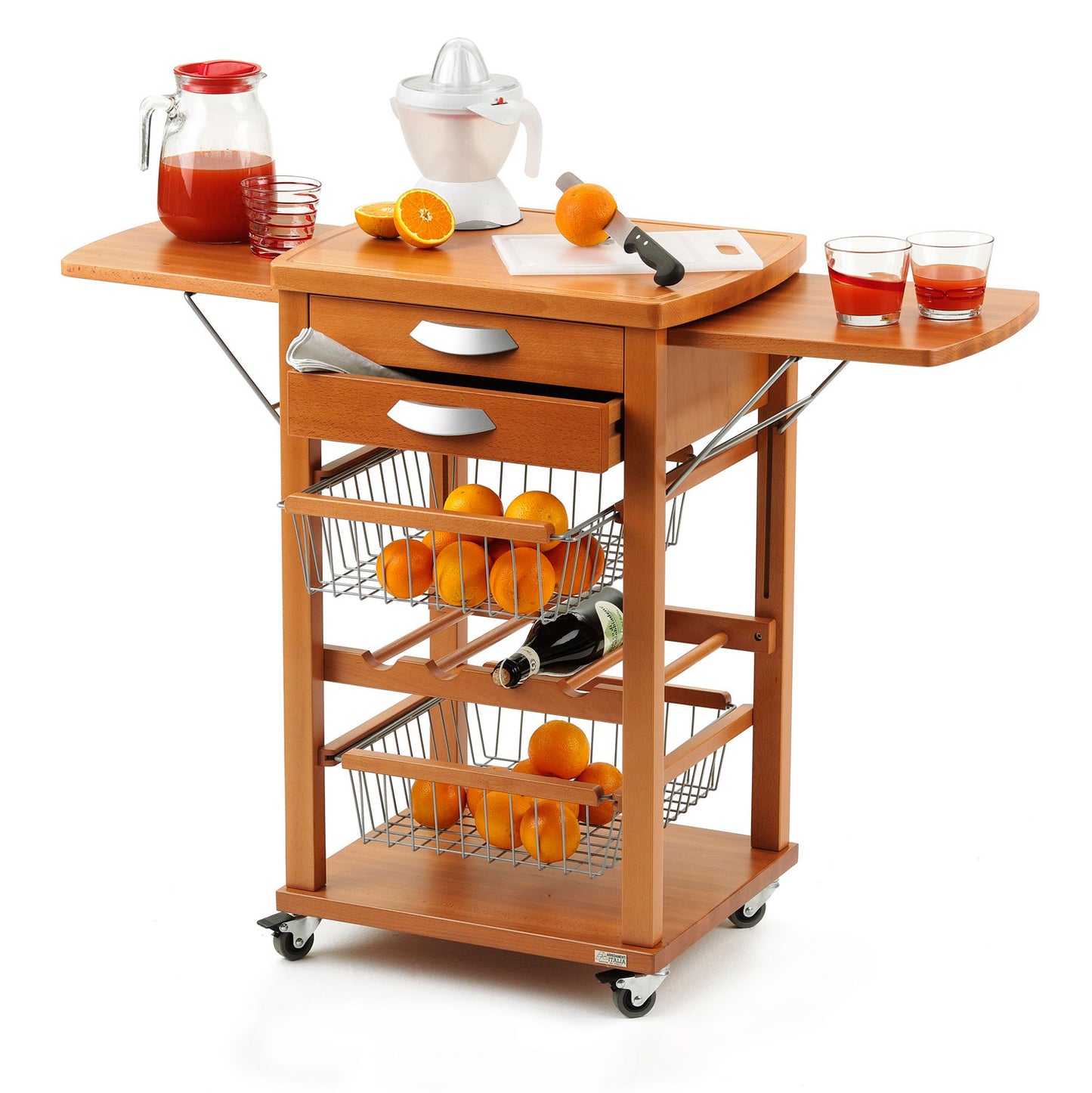 Küchenwagen, arbeitsplatte , mit klappbaren Seitenablagen, Küchenrollwagen, Küchenwagen holz, Flaschenregal, SANTIAGO Arit, 1