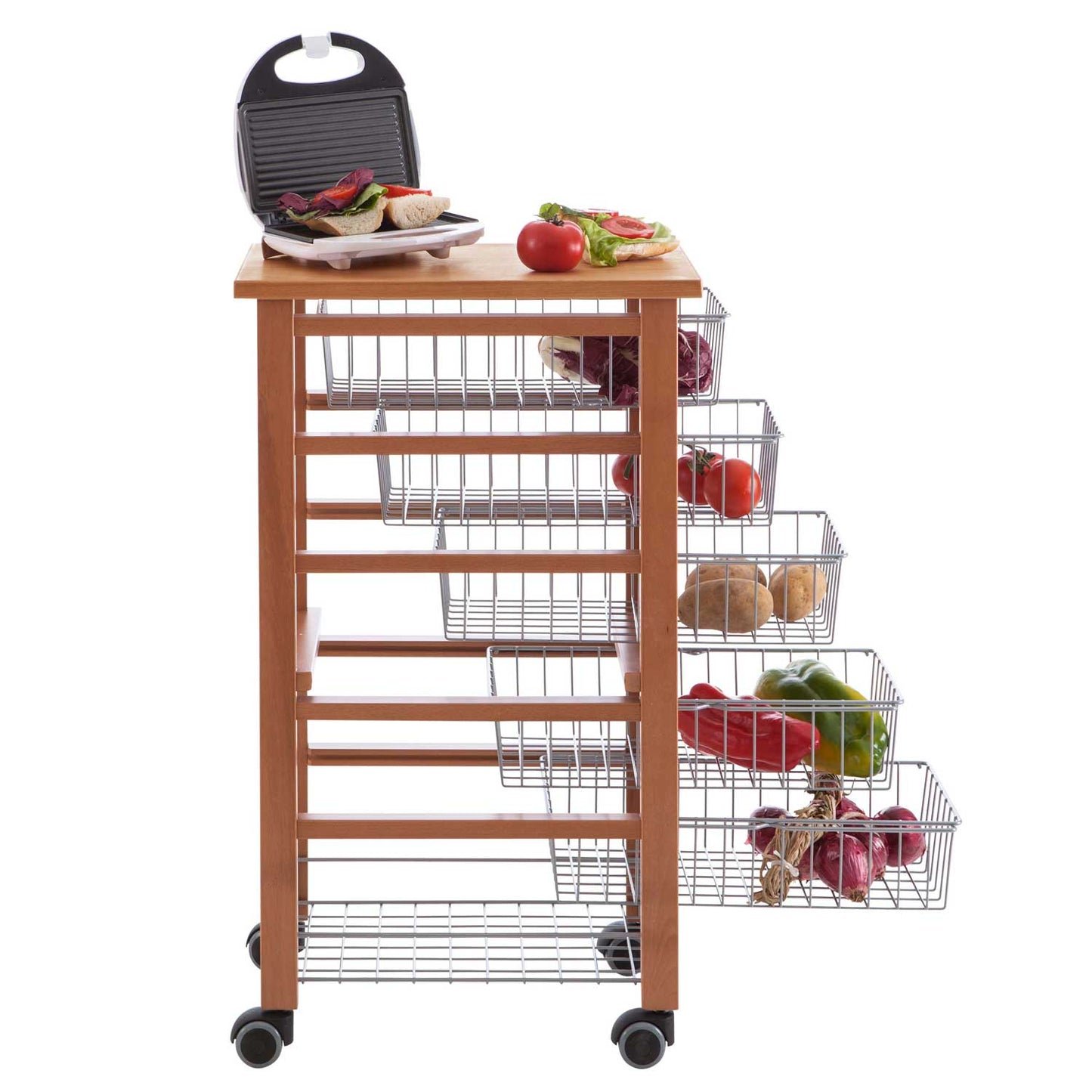 ARIT - Küchenwagen mit arbeitsplatte OLIVER, Küchenrollwagen, Rollwagen küche 5 Schiebekörbe, Küchenwagen holz, Kirsche, 1