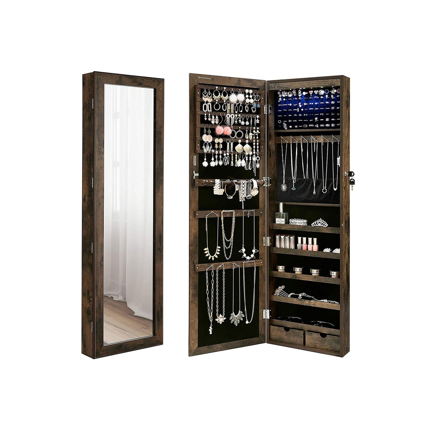 SONGMICS - Schmuckschrank mit spiegel, Wandspiegel groß, Schmuckschrank hängend, rustikales Braun, 1