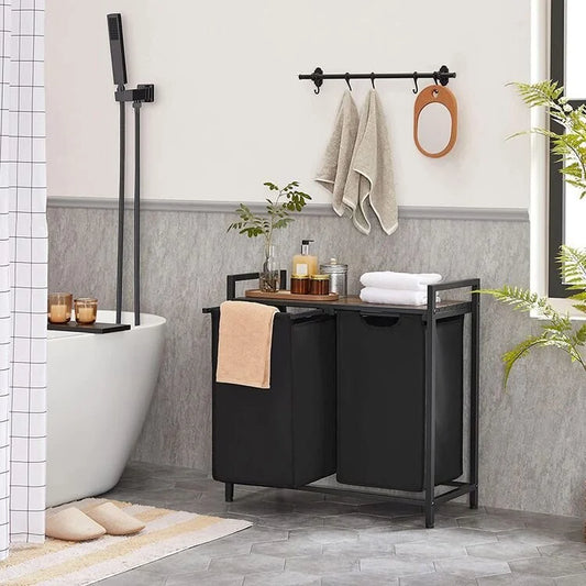 VASAGLE - Wäschekorb, Wäschesammler, 2 Fächer, mit Ablage, Wäschesortierer, Metallgestell, 2 abnehmbare Taschen aus Oxford-Gewebe, mit Klettverschlüssen