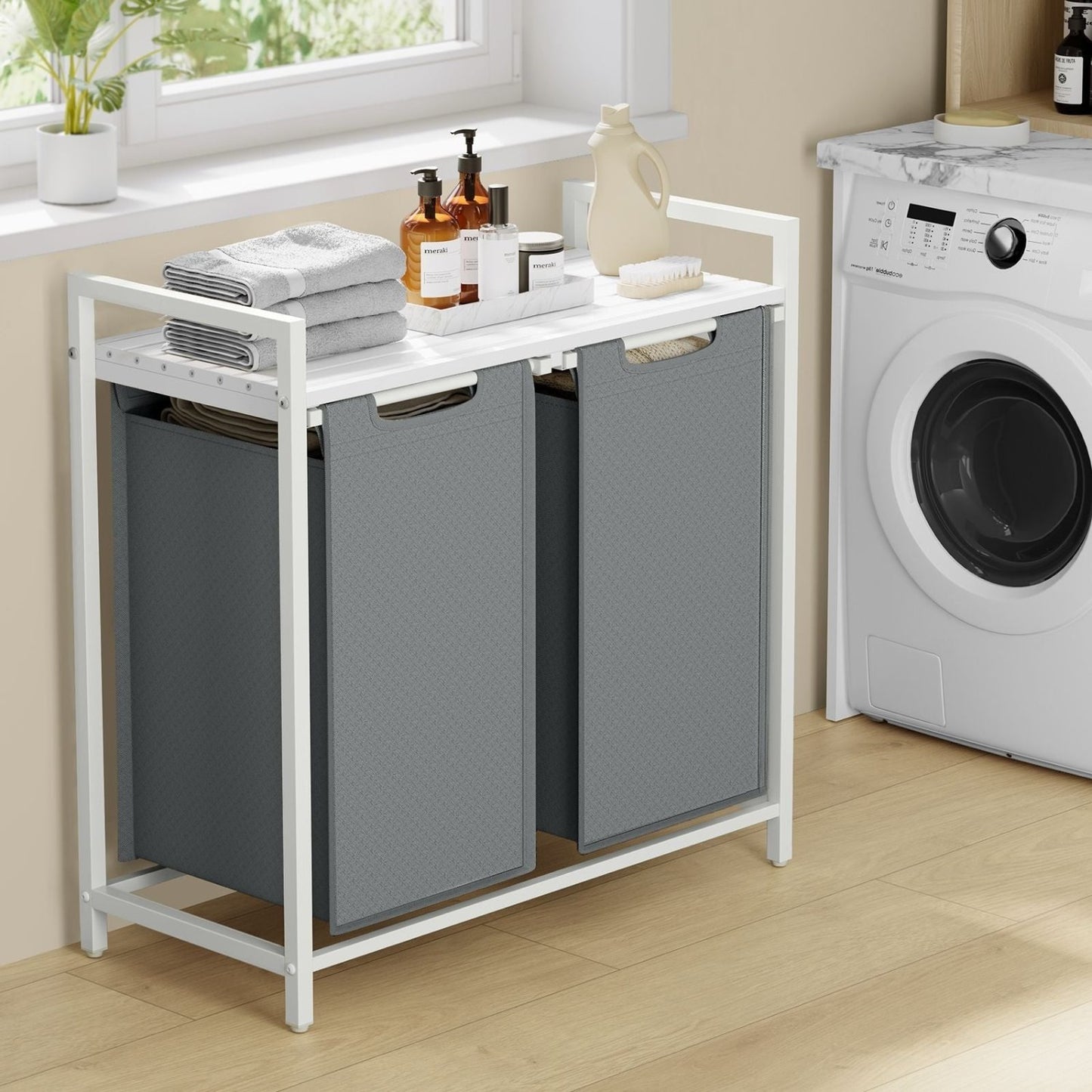 Wäschekorb 2 fächer, Wäsche Sortiersystem, 2x46L, ausziehbare und abnehmbare Wäschesäcke, Metallrahmen, Weiß Grau, VASAGLE, 2