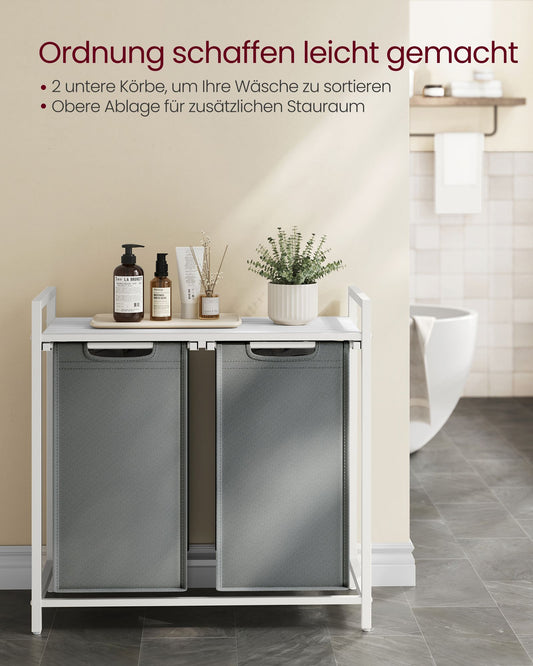 Wäschekorb 2 fächer, Wäsche Sortiersystem, 2x46L, ausziehbare und abnehmbare Wäschesäcke, Metallrahmen, Weiß Grau, VASAGLE, 3