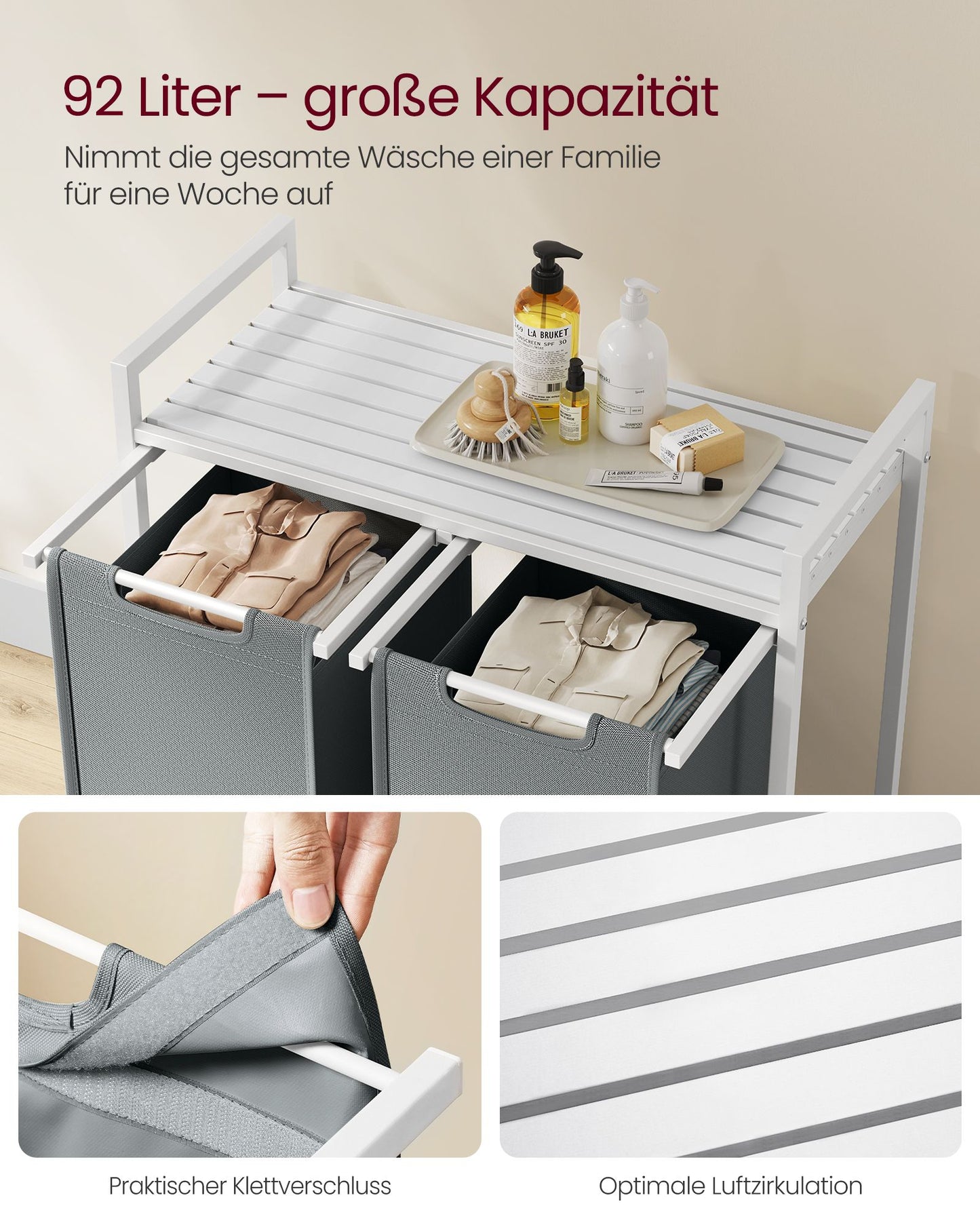 Wäschekorb 2 fächer, Wäsche Sortiersystem, 2x46L, ausziehbare und abnehmbare Wäschesäcke, Metallrahmen, Weiß Grau, VASAGLE, 4