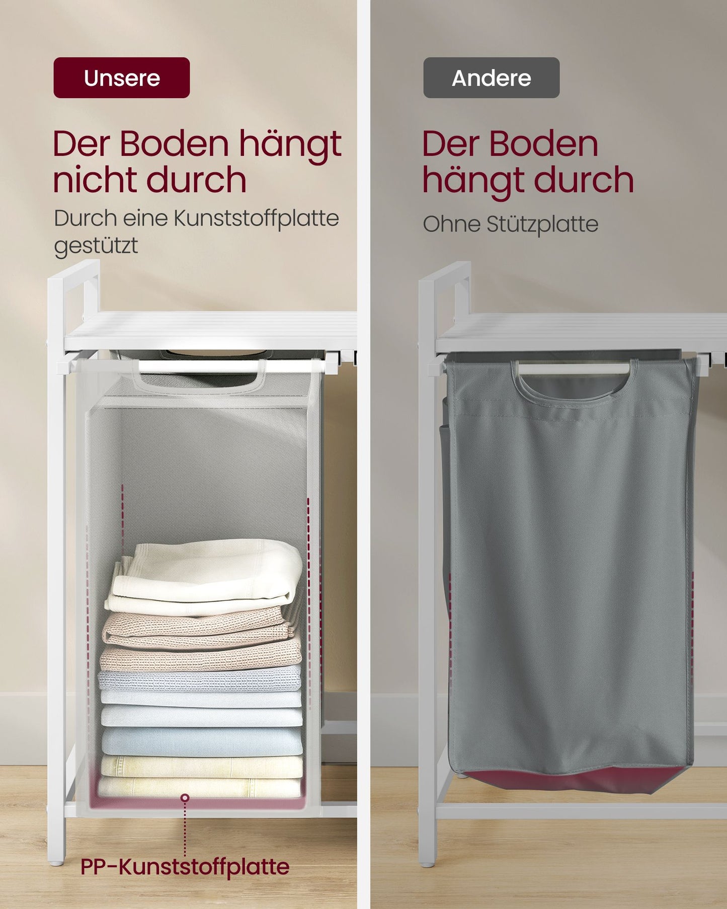 Wäschekorb 2 fächer, Wäsche Sortiersystem, 2x46L, ausziehbare und abnehmbare Wäschesäcke, Metallrahmen, Weiß Grau, VASAGLE, 6