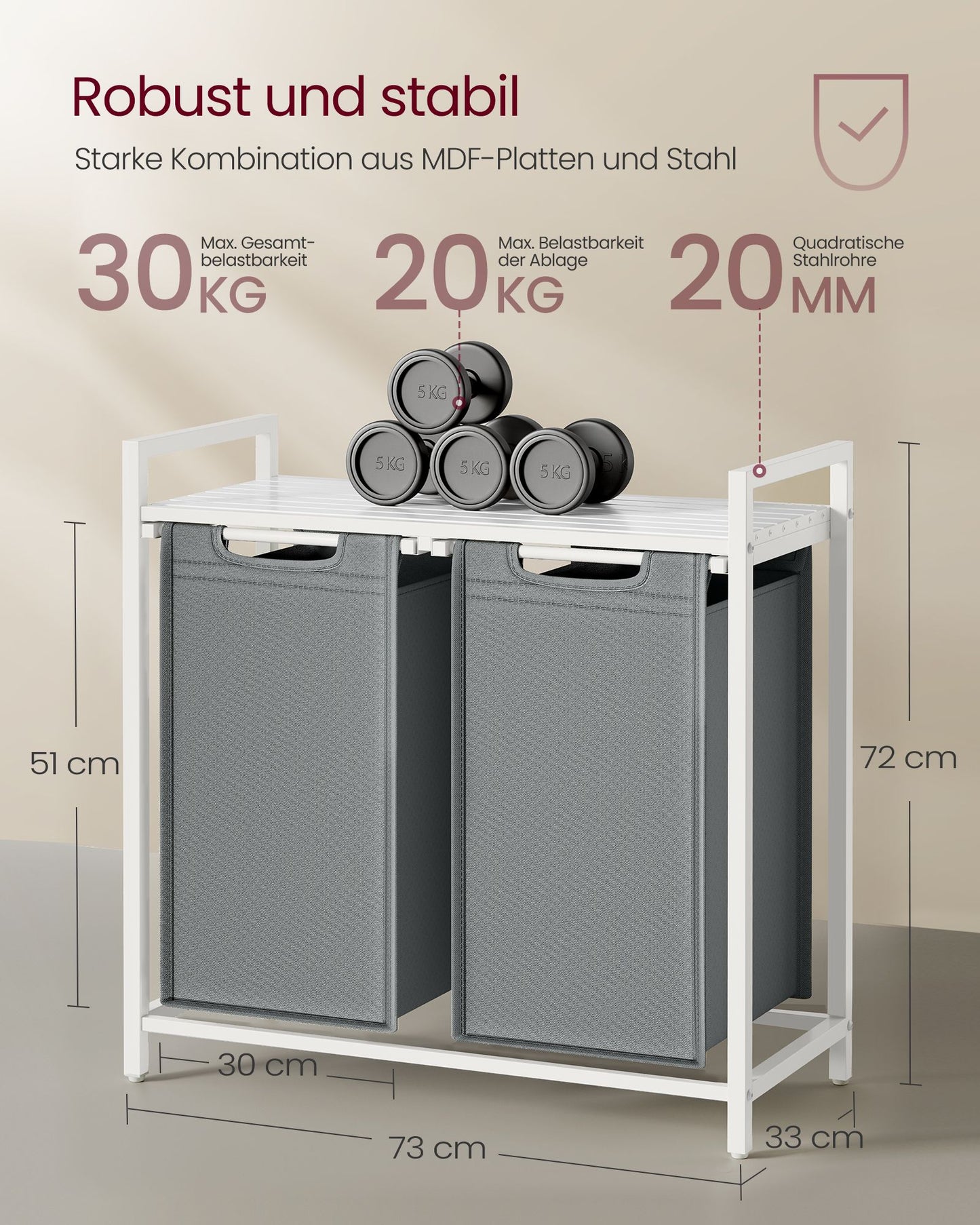Wäschekorb 2 fächer, Wäsche Sortiersystem, 2x46L, ausziehbare und abnehmbare Wäschesäcke, Metallrahmen, Weiß Grau, VASAGLE, 7