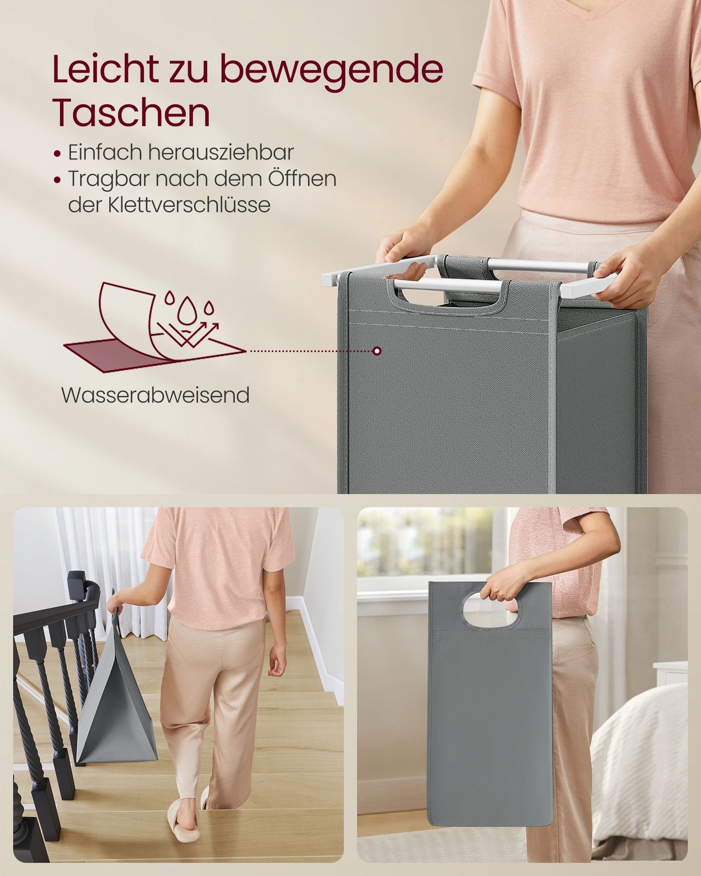 Wäschekorb 2 fächer, Wäsche Sortiersystem, 2x46L, ausziehbare und abnehmbare Wäschesäcke, Metallrahmen, Weiß Grau, VASAGLE, 8
