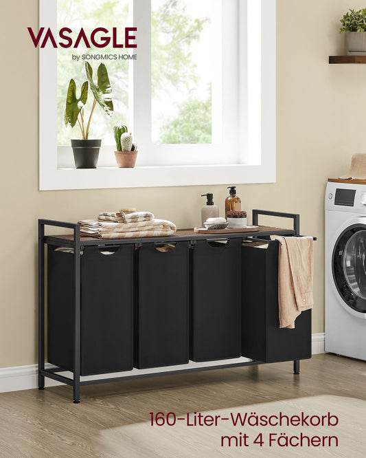 Wäsche Sortiersystem, 160 L, Wäschekorb 4 Fächer, 4 x 40 L, Wäschesack ausziehbar abnehmbar, mit Ablage, braun-Schwarz, VASAGLE, 3