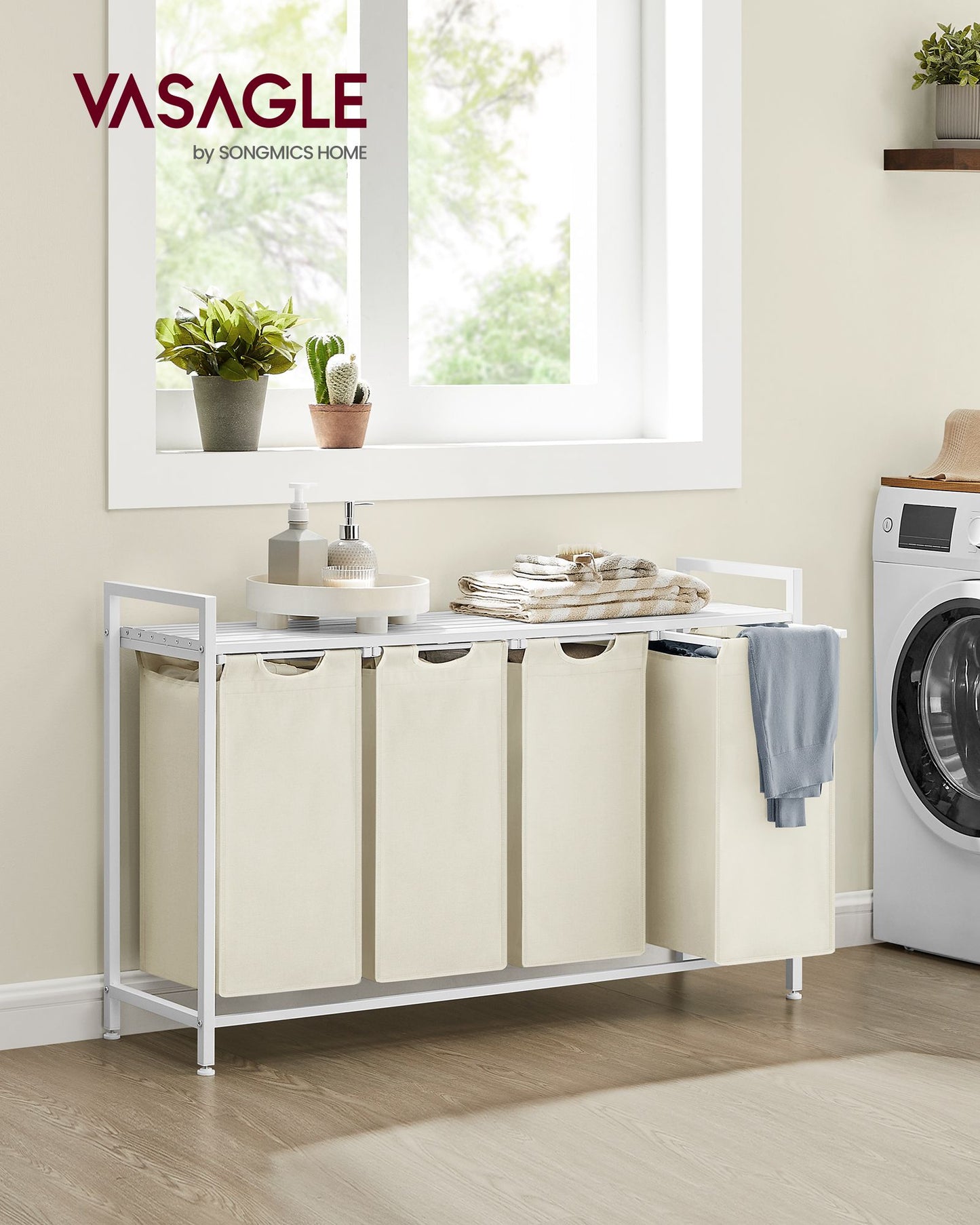 Wäsche Sortiersystem, 160 L, Wäschekorb 4 Fächer, 4 x 40 L, Wäschesack ausziehbar abnehmbar, mit Ablage, Weiß, VASAGLE, 10