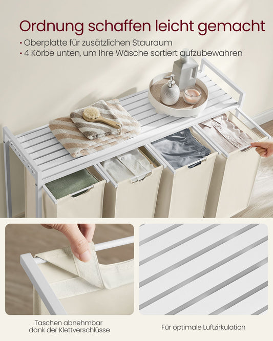 Wäsche Sortiersystem, 160 L, Wäschekorb 4 Fächer, 4 x 40 L, Wäschesack ausziehbar abnehmbar, mit Ablage, Weiß, VASAGLE, 3