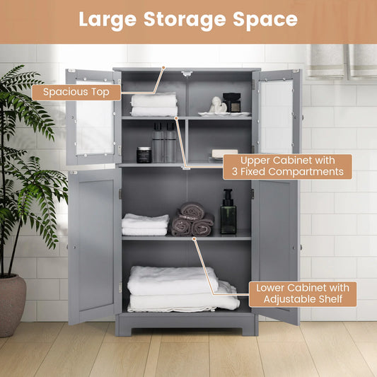Costway – Badezimmerschrank, 4-türiger freistehender Aufbewahrungsschrank mit Glastüren, Grau