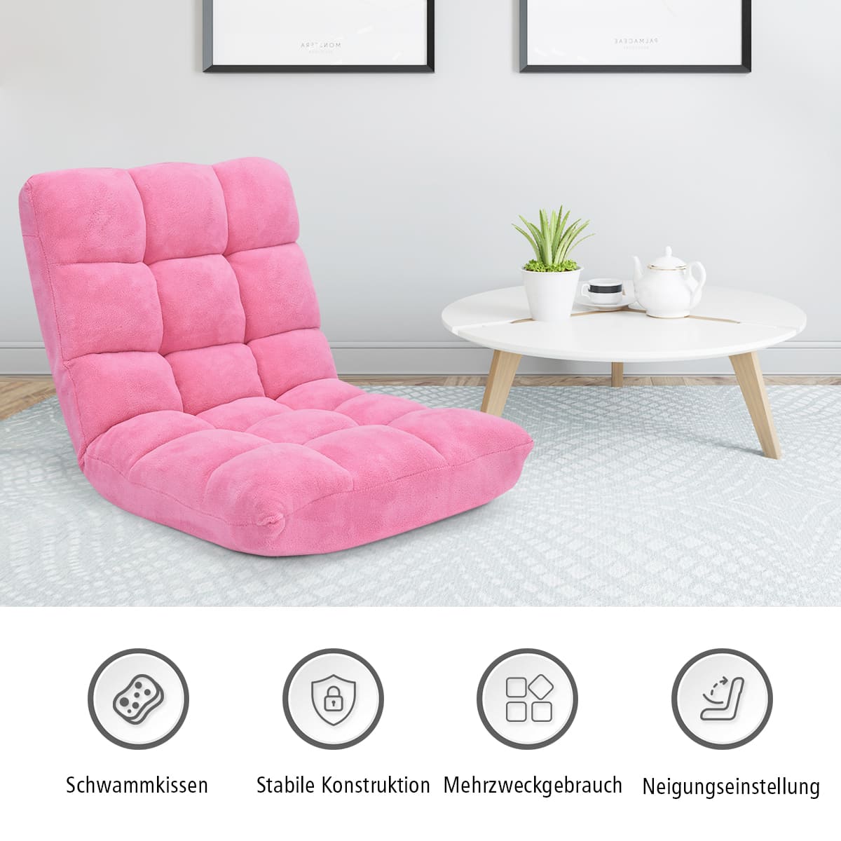 Bodensessel, Bodensofa, Bodenstuhl Faltbares Lazy Sofa Faul Tatami Bodenkissen, Rosa, Costway, 3