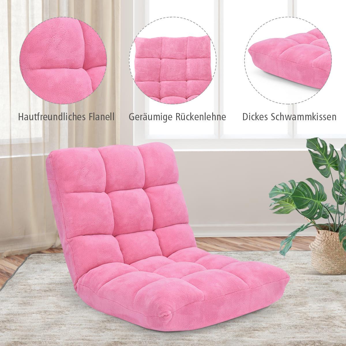 Bodensessel, Bodensofa, Bodenstuhl Faltbares Lazy Sofa Faul Tatami Bodenkissen, Rosa, Costway, 4