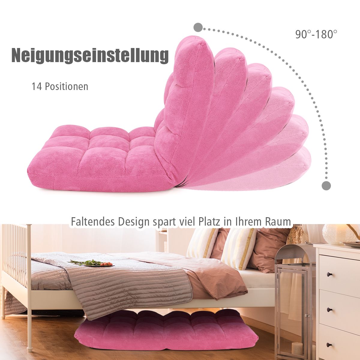 Bodensessel, Bodensofa, Bodenstuhl Faltbares Lazy Sofa Faul Tatami Bodenkissen, Rosa, Costway, 8