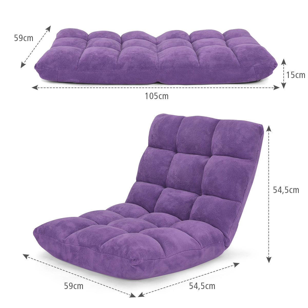 Bodensofa, Bodenstuhl mit verstellbarer Lehne Bodensessel mit Rückenlehne 105 x 59 x 15 cm Lila, Costway, 3