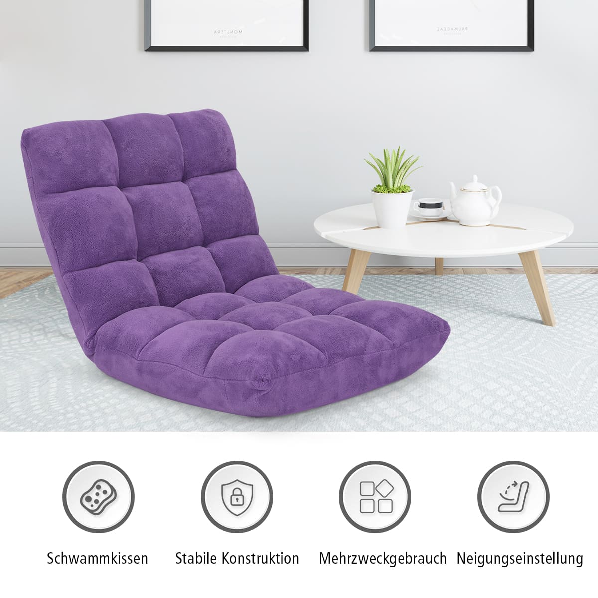 Bodensofa, Bodenstuhl mit verstellbarer Lehne Bodensessel mit Rückenlehne 105 x 59 x 15 cm Lila, Costway, 4