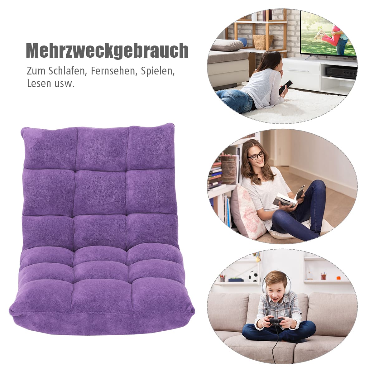 Bodensofa, Bodenstuhl mit verstellbarer Lehne Bodensessel mit Rückenlehne 105 x 59 x 15 cm Lila, Costway, 5