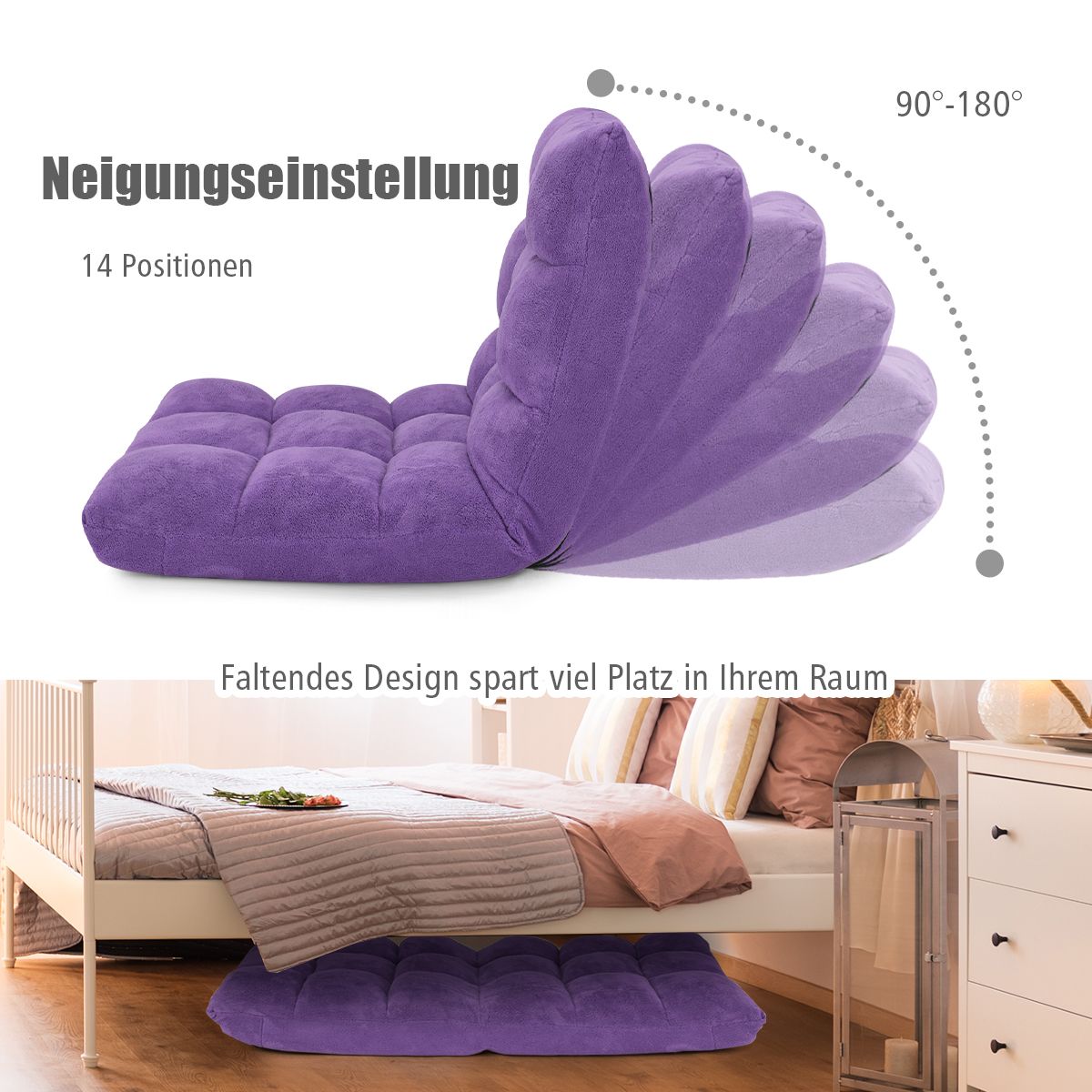 Bodensofa, Bodenstuhl mit verstellbarer Lehne Bodensessel mit Rückenlehne 105 x 59 x 15 cm Lila, Costway, 6
