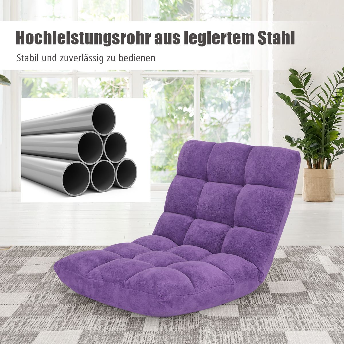 Bodensofa, Bodenstuhl mit verstellbarer Lehne Bodensessel mit Rückenlehne 105 x 59 x 15 cm Lila, Costway, 7