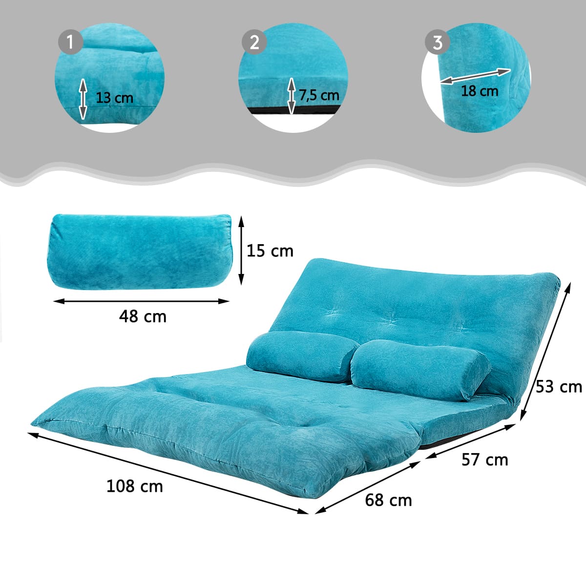 Bodensofa, Boden Sofa, Bodencouch, Bodensofa mit Schlaffunktion, Bodensofa Klappbar, Bodensofa mit 2 Kissen, Costway, 7