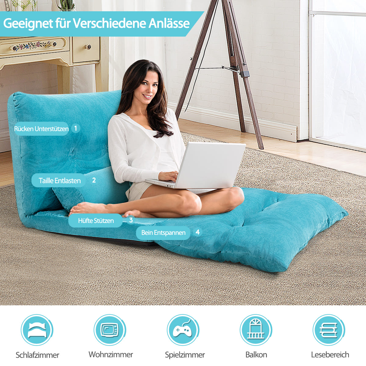 Bodensofa, Boden Sofa, Bodencouch, Bodensofa mit Schlaffunktion, Bodensofa Klappbar, Bodensofa mit 2 Kissen, Costway, 6