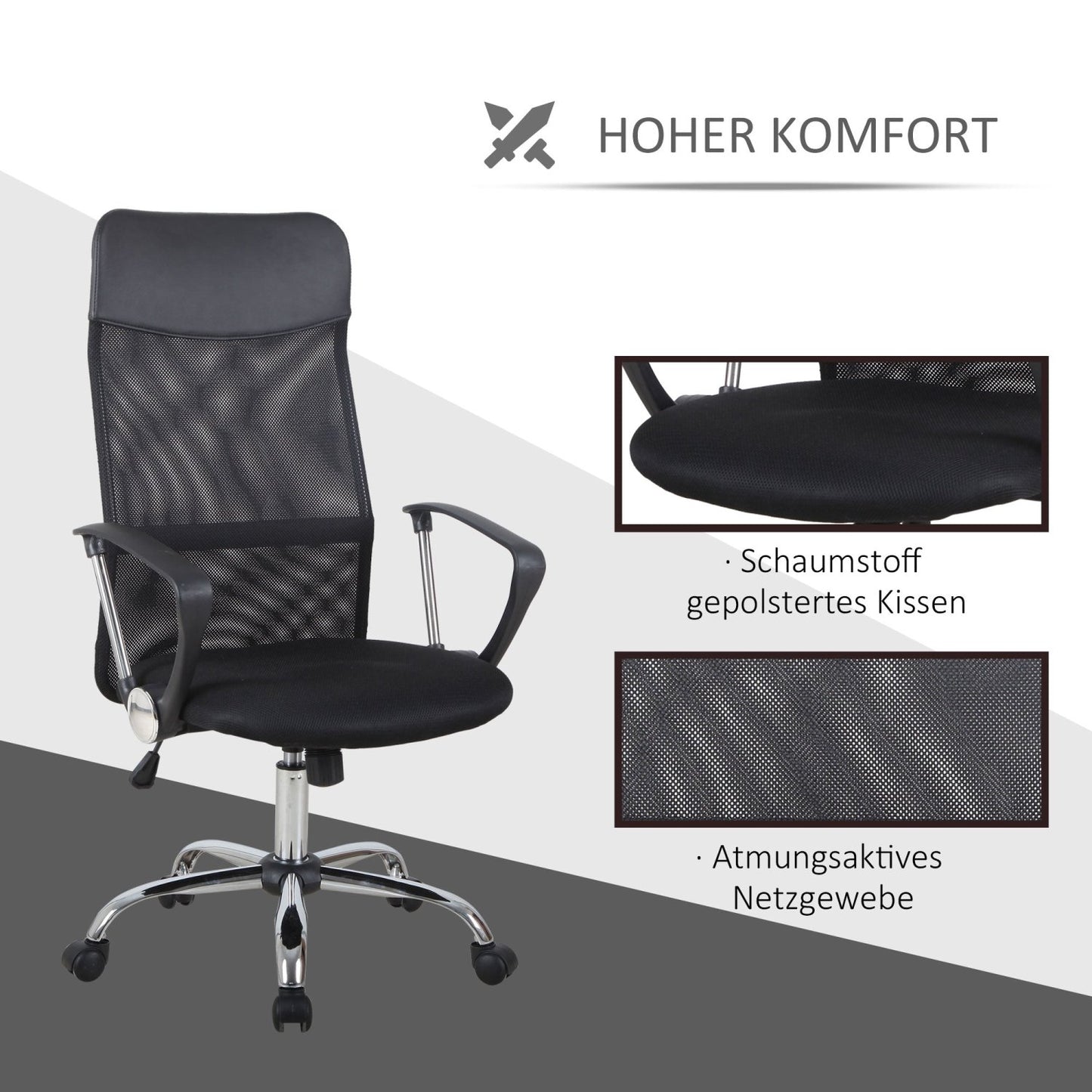 Bürostuhl, Ergonomischer Bürostuhl, Drehstuhl, Gamingstuhl, Schreibtischstuhl, mit Wippenfunktion, Schwarz, HOMCOM, 5