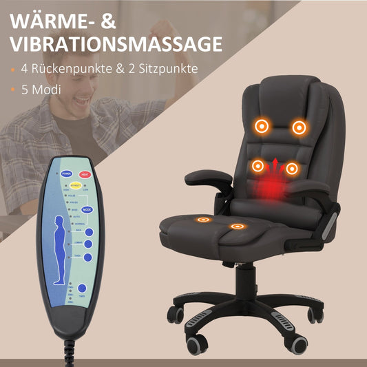 Bürostuhl, Ergonomischer Bürostuhl, Drehstuhl, Gamingstuhl, Schreibtischstuhl, 6 Punkt Vibrations Massage Braun, HOMCOM, 2