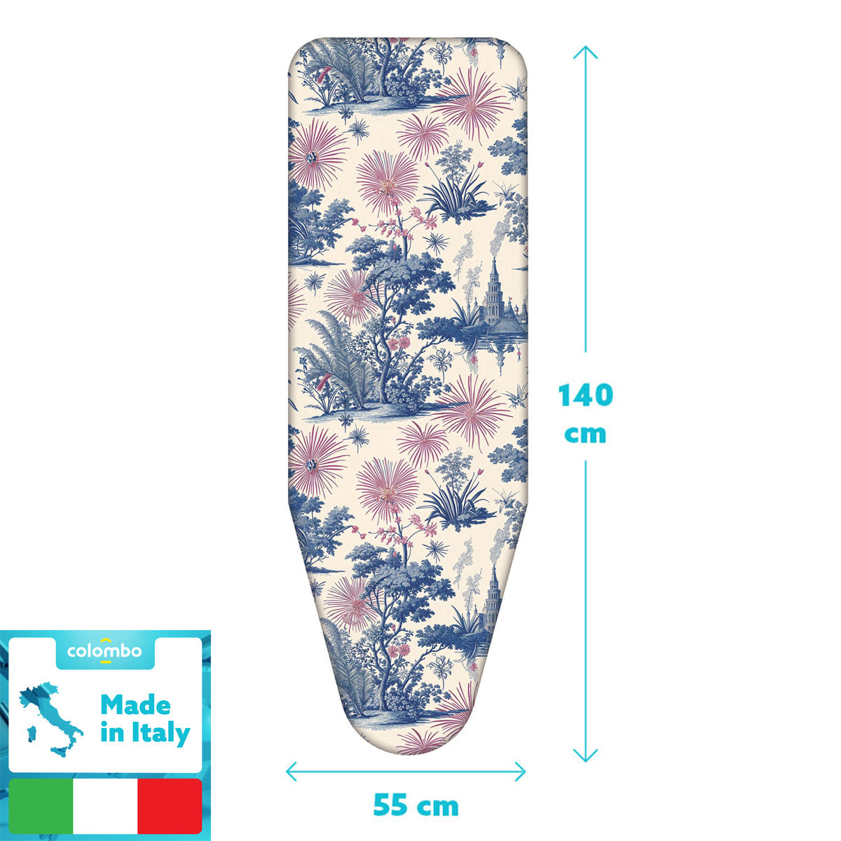 Bügelbrettbezug XL, 140×55 cm – Zweischicht-Bügeltischbezug aus Bio-Baumwolle & dickem Molton, mit Clip, Made in Italy, Colombo Spring Blossom, 3