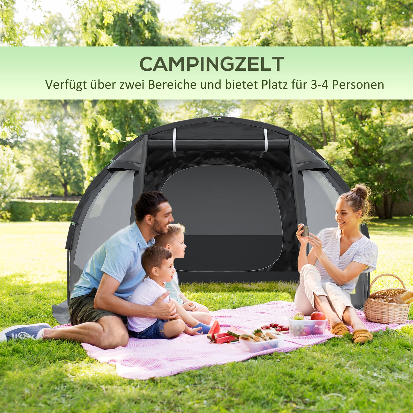 Camping Zelt, Tunnelzelt 4-Personen, Stabile Zelt, Campingzelt mit 2 Räumen, UV-Schutz, Tragetasche, PU 2000mm, Outsunny, 10