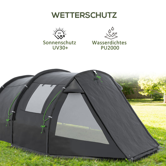 Camping Zelt, Tunnelzelt 4-Personen, Stabile Zelt, Campingzelt mit 2 Räumen, UV-Schutz, Tragetasche, PU 2000mm, Outsunny, 3