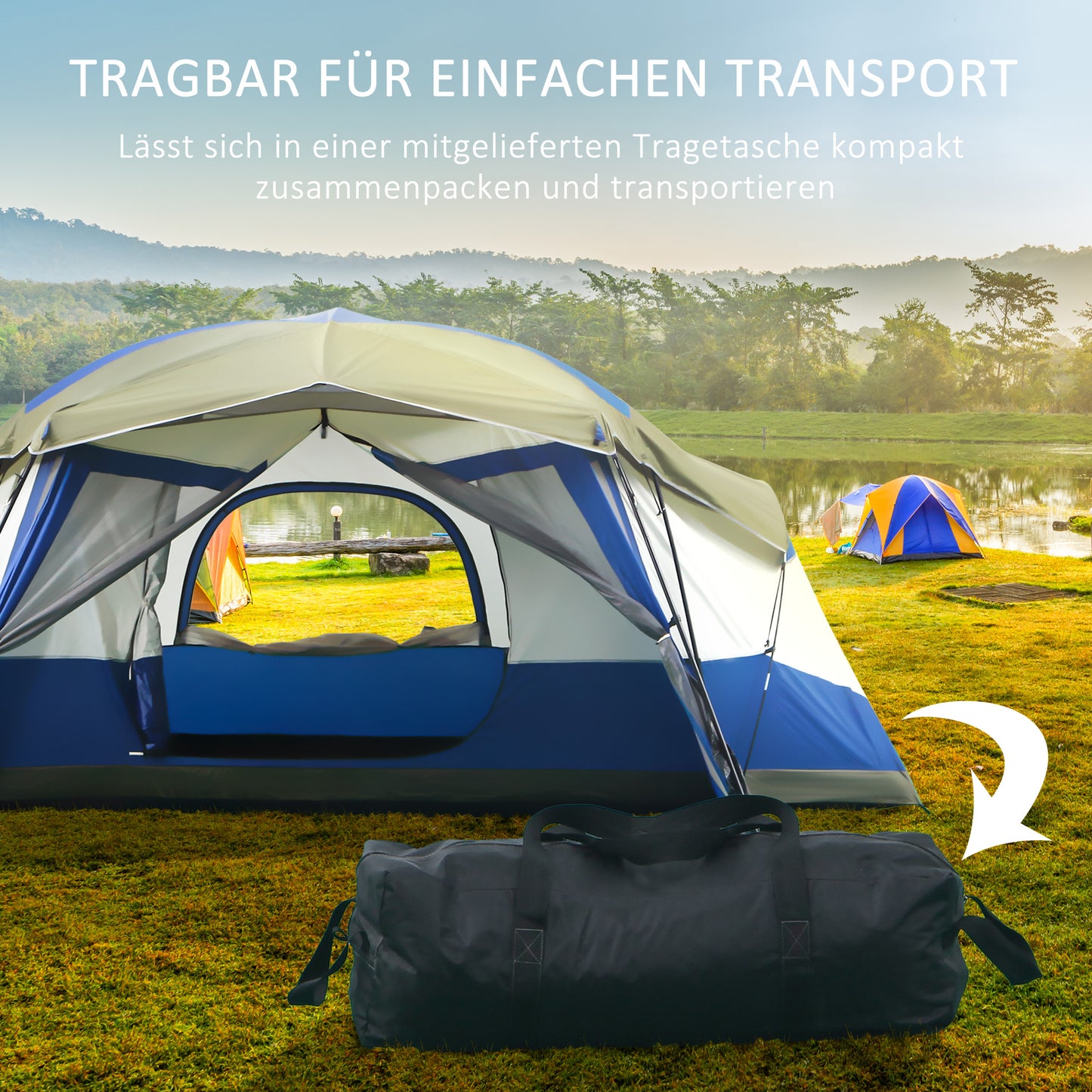 Camping Zelt, für 6-8 Personen, Stabile Zelt, Familienzelt mit Vorraum, 2 Fenster, Kuppelzelt, PU 3000mm, Outsunny, 6