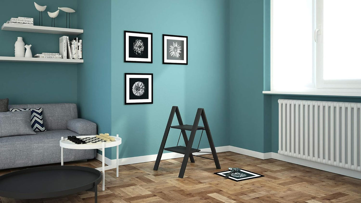 Trittleiter, Trittleiter 2 stufen, Trittleiter Klappbar, Stabil, bis 150 kg, Rutschfeste, Leichte Leiter, Colombo Leonardo 2 Schwarz, 3