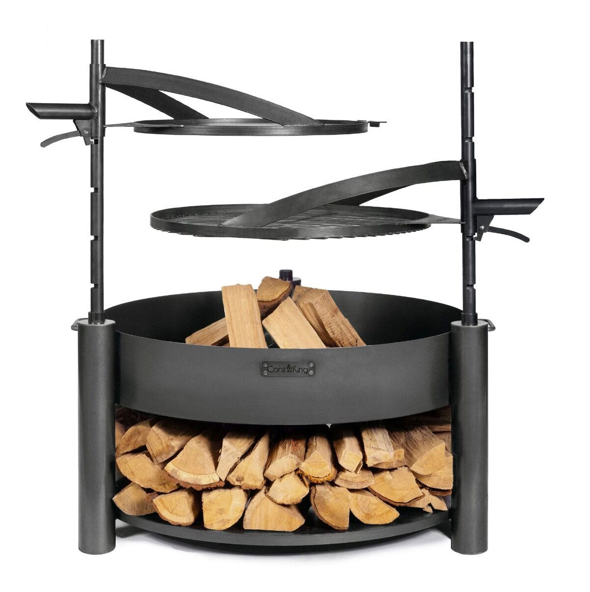 Feuerschale 80 cm, mit 2 Grillrost 60 cm und 50 cm, 2 Mast 77cm, Stauraum für Brennholz, aus Naturstahl, Cook King Montana X set, 5