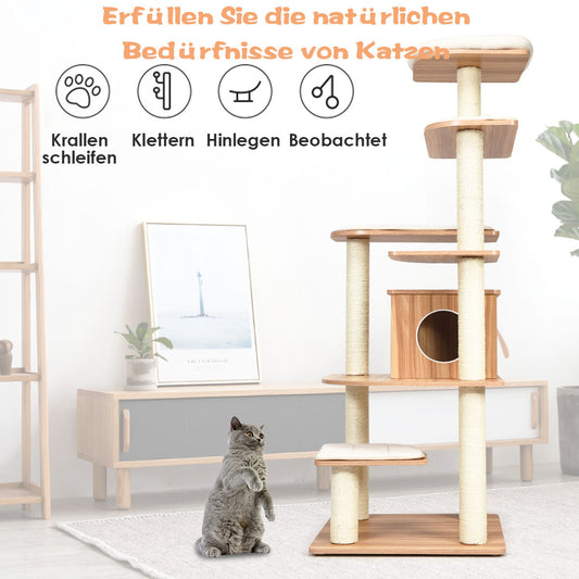 Kratzbaum für große katzen, Kratzbaum XXL, 175cm, Katzenbaum 6-stufiger Katzenkratzbaum Holz mit Höhle und 5 Matten, Castway, 1