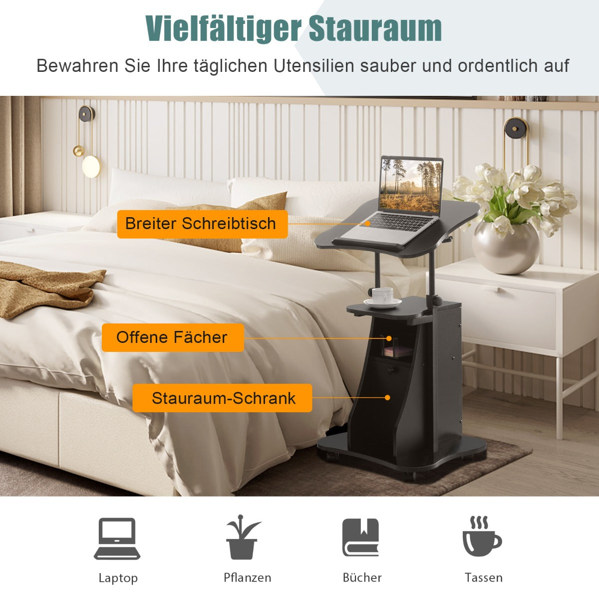 Laptoptisch, Laptopständer Höhenverstellbar, Laptoptisch Sofa, Laptoptisch Bett, mit Rollen, Schwarz, Costway, 2