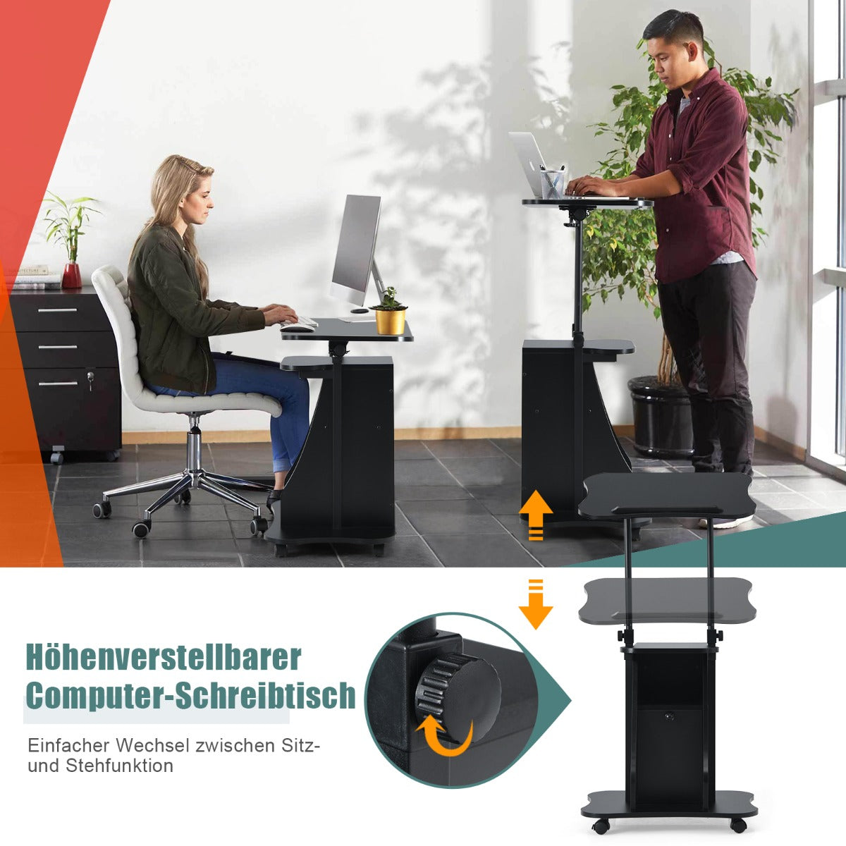 Laptoptisch, Laptopständer Höhenverstellbar, Laptoptisch mit Rollen, mit neigbarer Tischplatte und Ablagen, Costway, 2