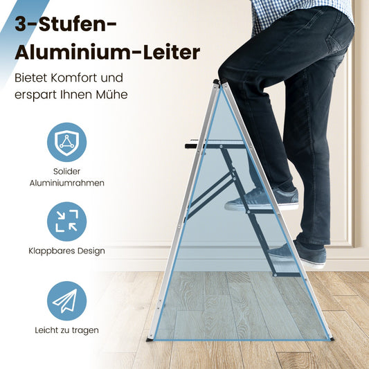 Trittleiter, Trittleiter 3 Stufen, Aluminium Trittleiter mit Breiten Rutschfesten Stufen, bis 150 kg, Silber, Castway, 1