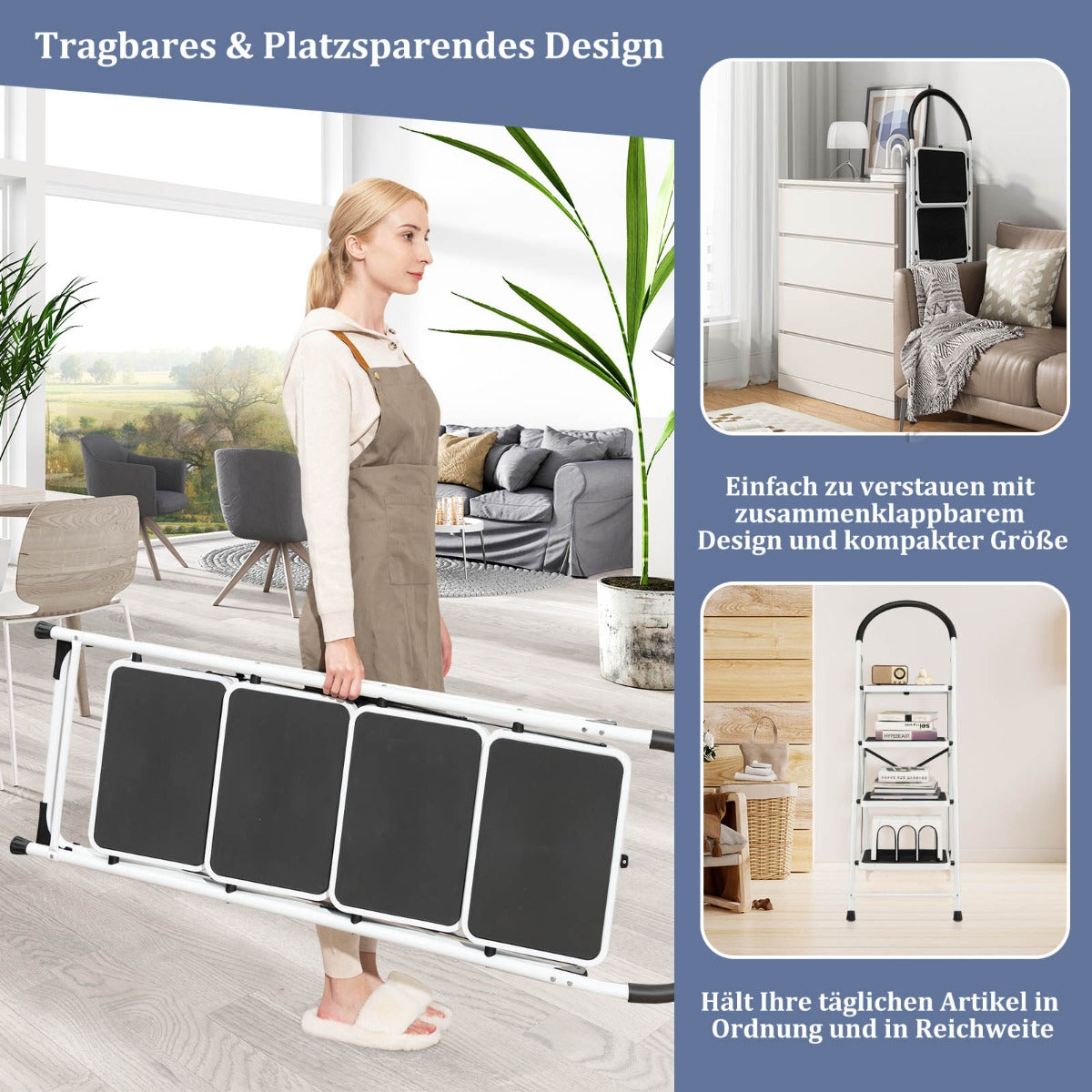 Trittleiter, Trittleiter 4 Stufen, Trittleiter Klappbar, 4-stufige Leiter mit Handgriff Tragfähigkeit von 150 Kg, Castway, 7