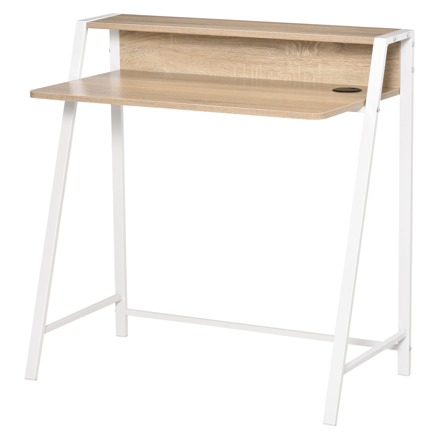HOMCOM - Schreibtisch Moderner Computertisch mit Ablagefach & Kabeldurchlass, Metallgestell, Weiß+Eiche, 84x45x85cm
