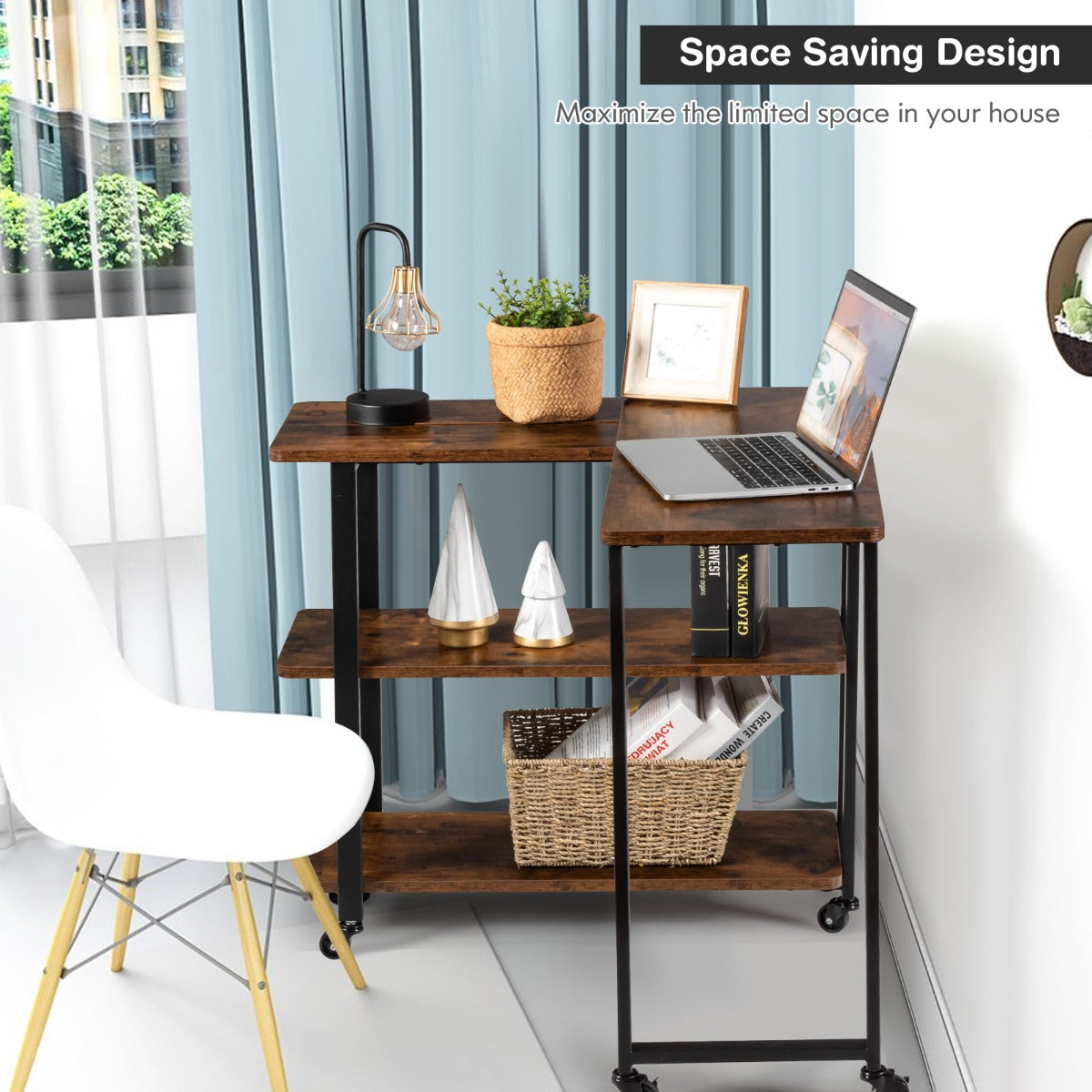 Eckschreibtisch, Schreibtisch L Form, Schreibtisch mit Stauraum, mit Rollen, 360° drehbarer Schreibtisch Ecke, Costway, 7