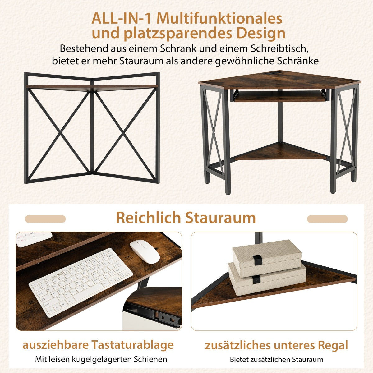 Eckschreibtisch, Schreibtisch mit Schublade, Kleiner Schreibtisch, mit Ladestation, mit Tastaturablage, Costway, 3