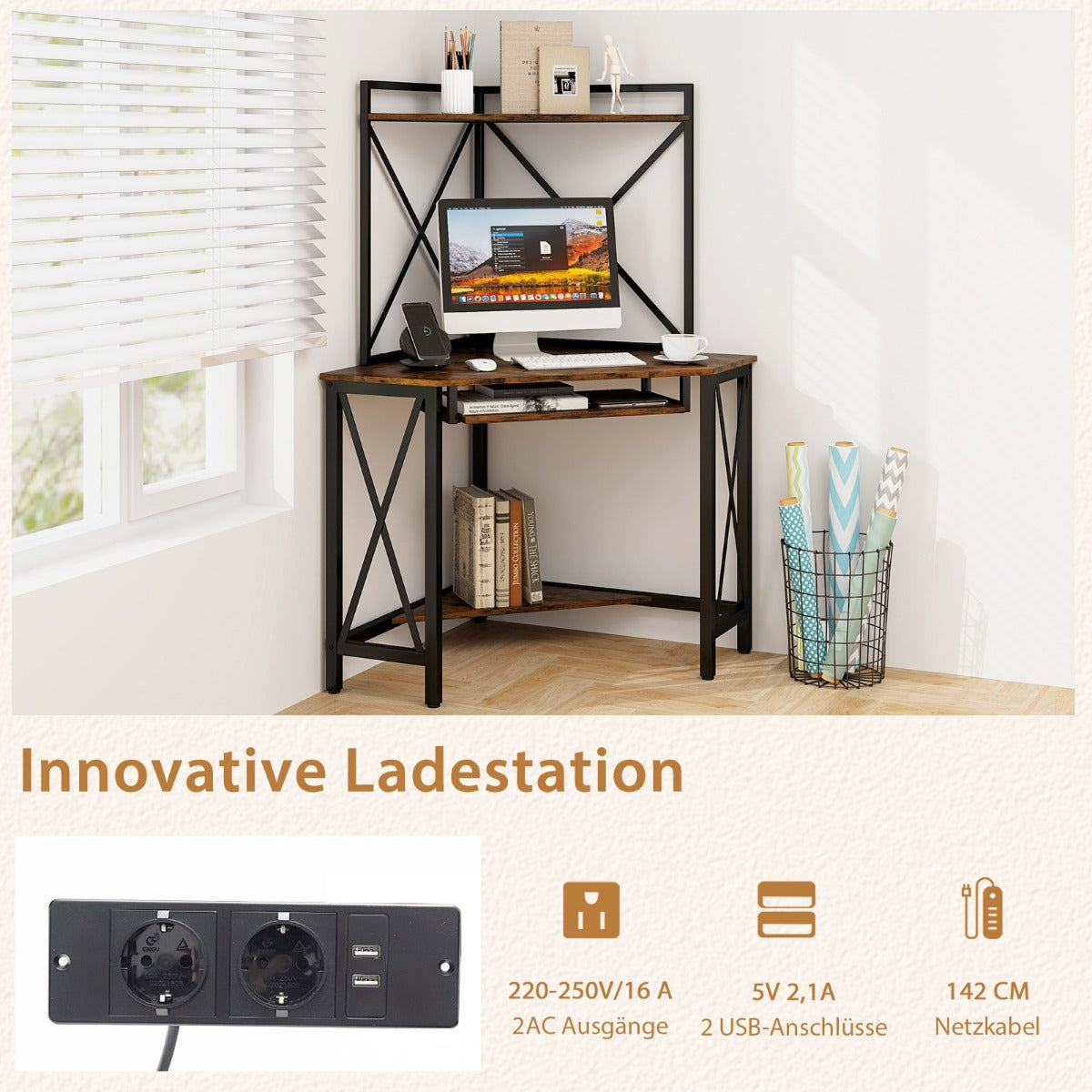 Eckschreibtisch, Schreibtisch mit Schublade, Kleiner Schreibtisch, mit Ladestation, mit Tastaturablage, Costway, 4